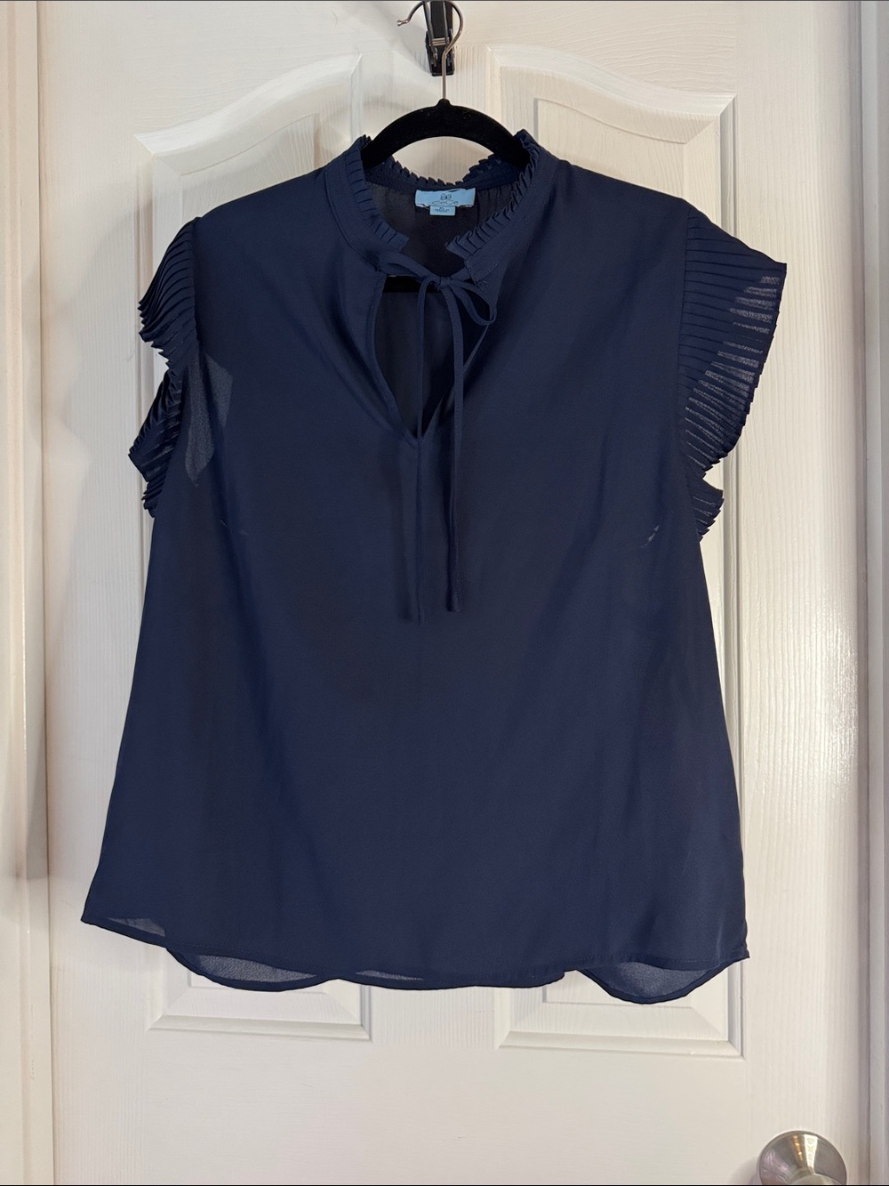 CeCe Navy Blue Tie-Neck Pleated Sleeve Blouse
